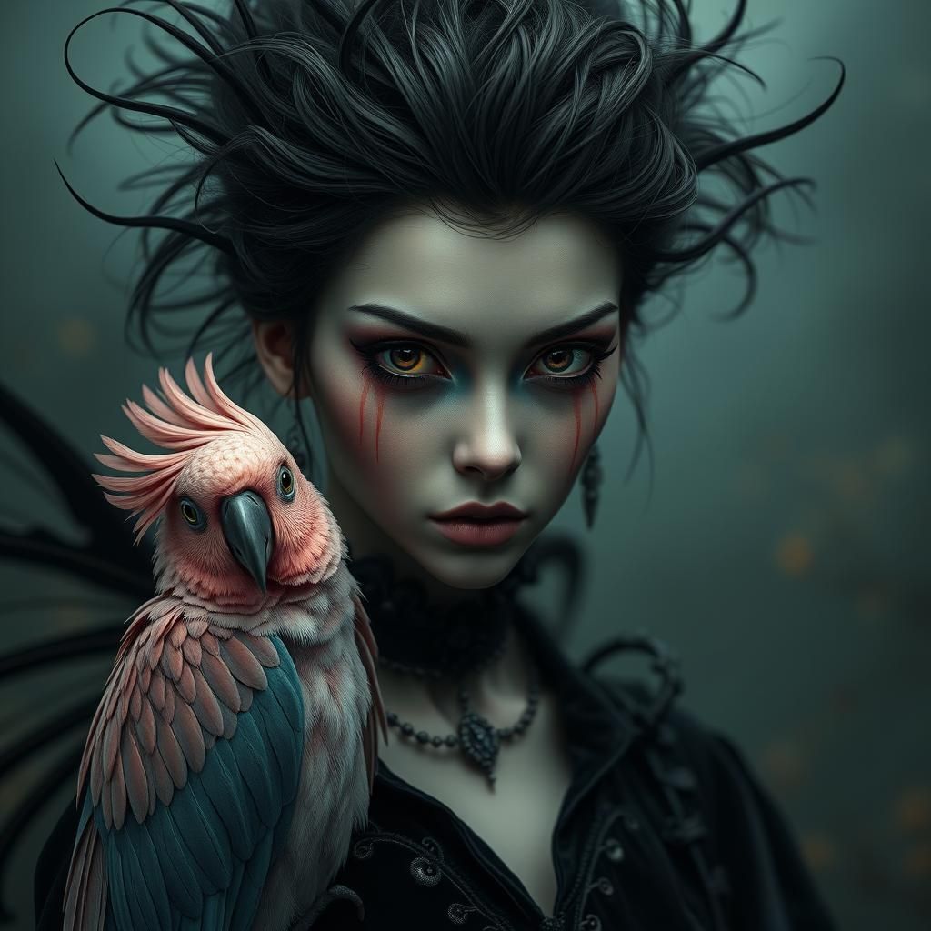 Dark Fairy Woman with Bioluminescent Parrot, Digital Art