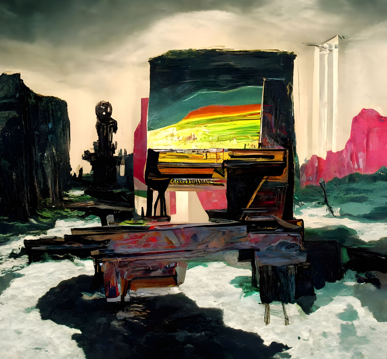 Surreal Landscape with Piano in Color Field Painting Style