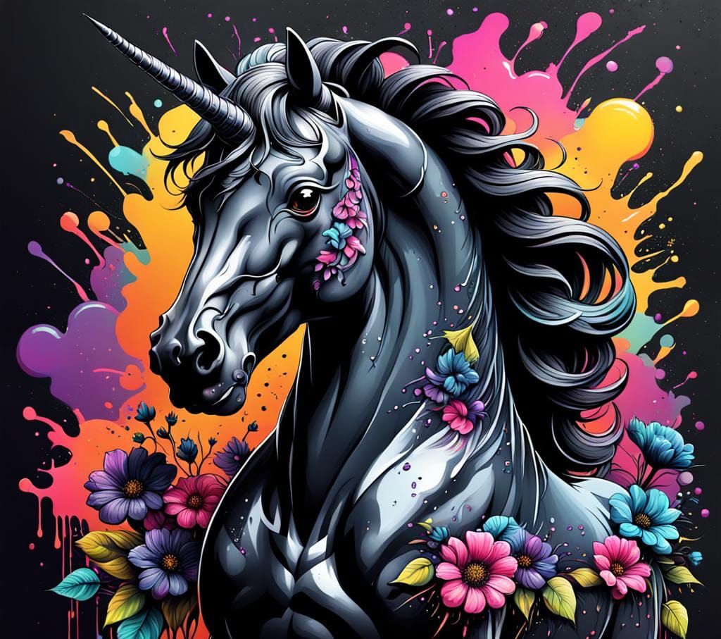 Dark Unicorn with Black Flowers in Graffiti Style
