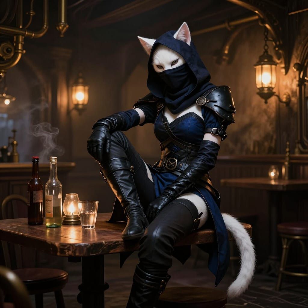 White Cat Ninja Acrobat in Gothic-Steampunk Tavern