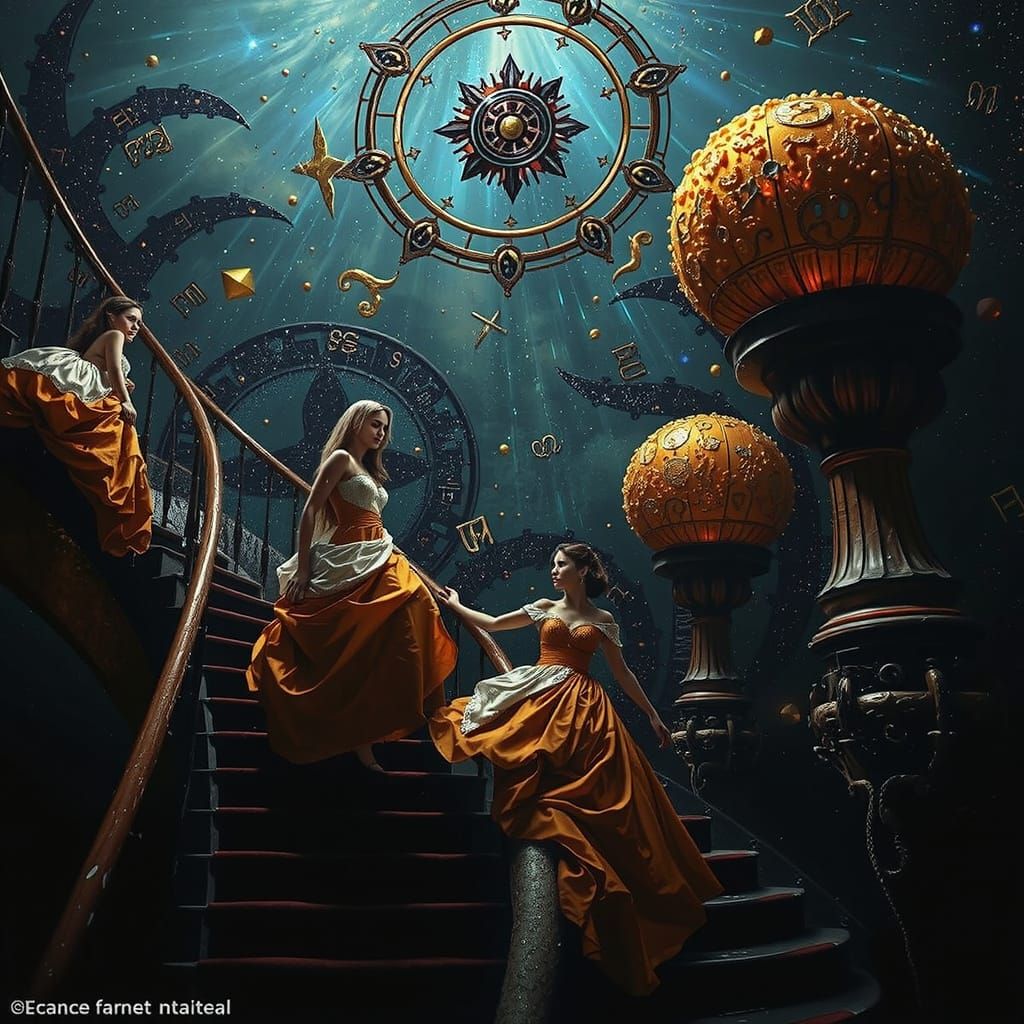 Elegant Women Ascend Spiraling Staircase to Celestial Sky