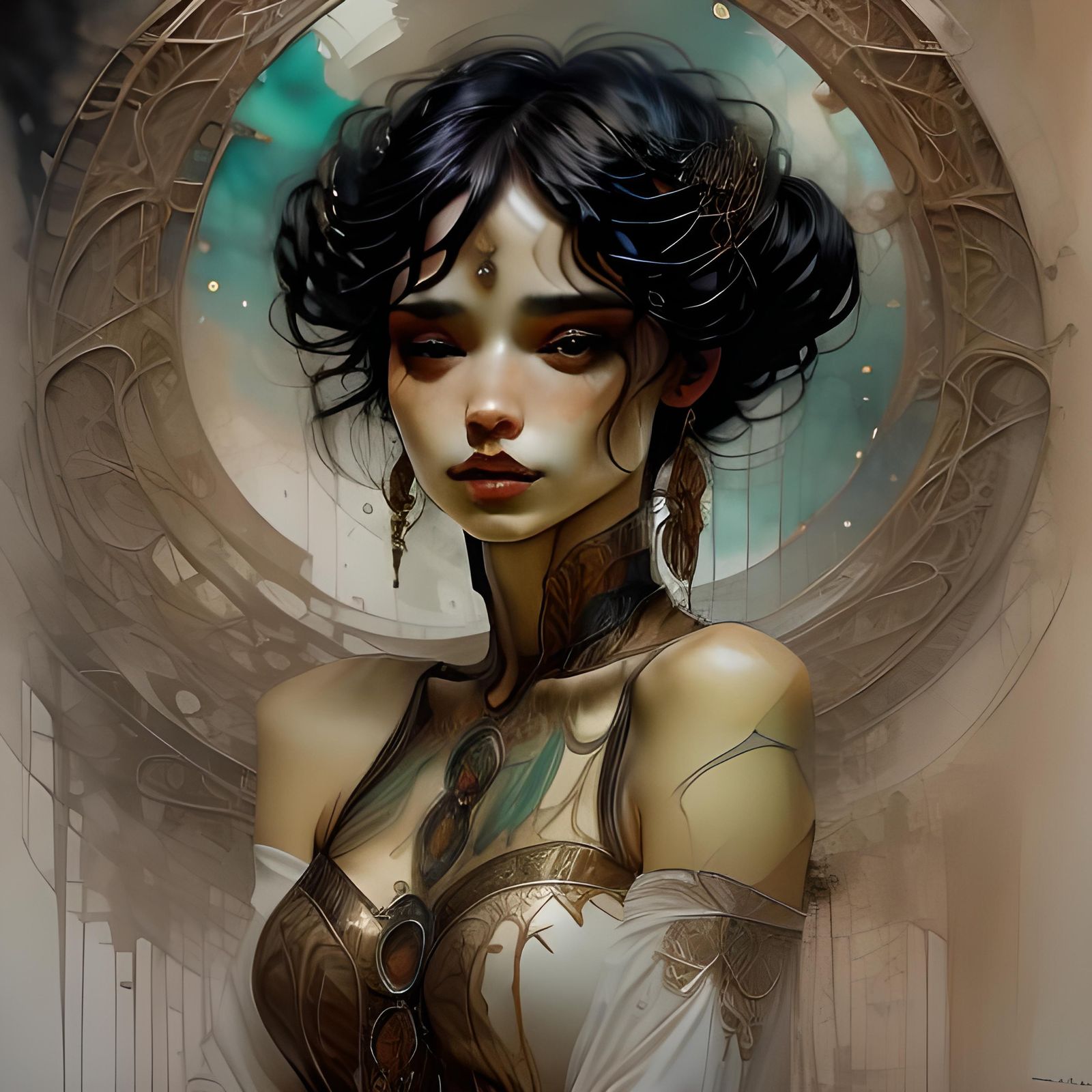 Majestic Woman in Opulent Hall, Ink Art Style