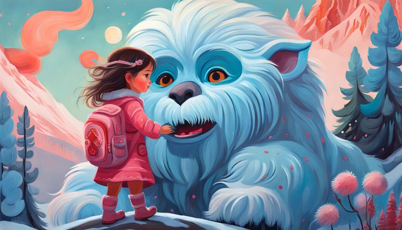Girl with Yeti Pet in Gouache Style