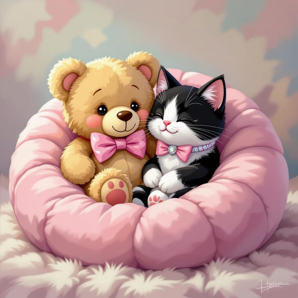 Cute Teddy Bear and Cat Cuddling in Fuzzy Bean Bag Chair