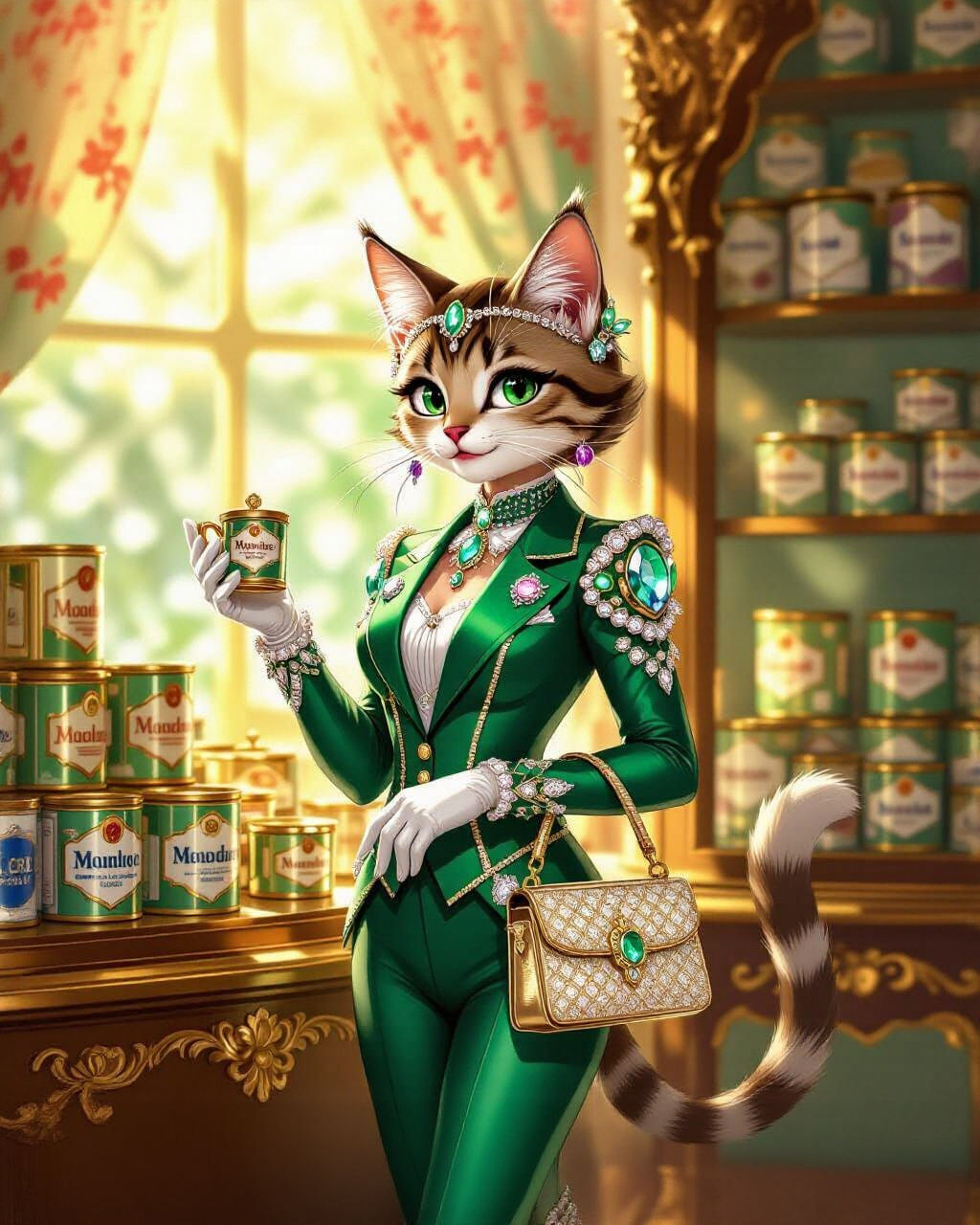 Gem-Suited Cat Considers Canned Mice, Art Deco Style