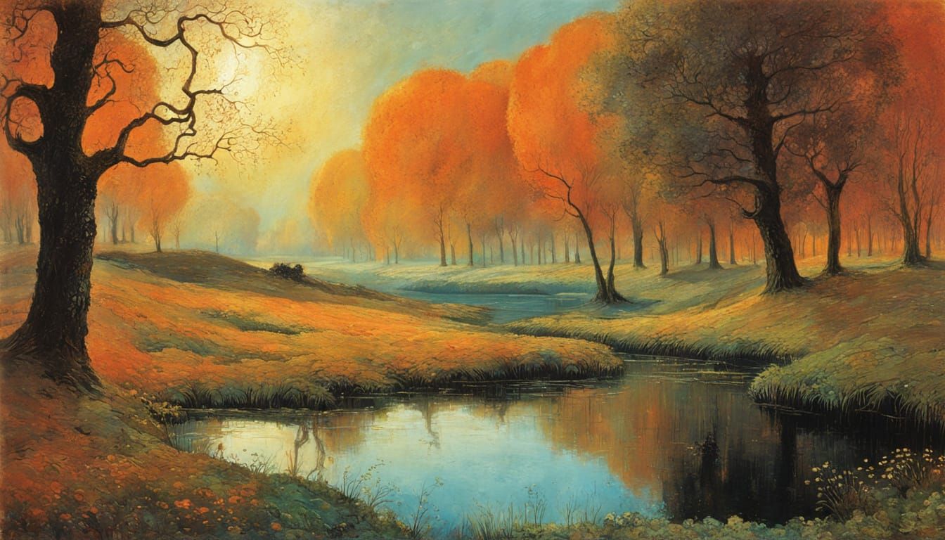 Mystical Landscape with Lake and Oak Trees at Dusk