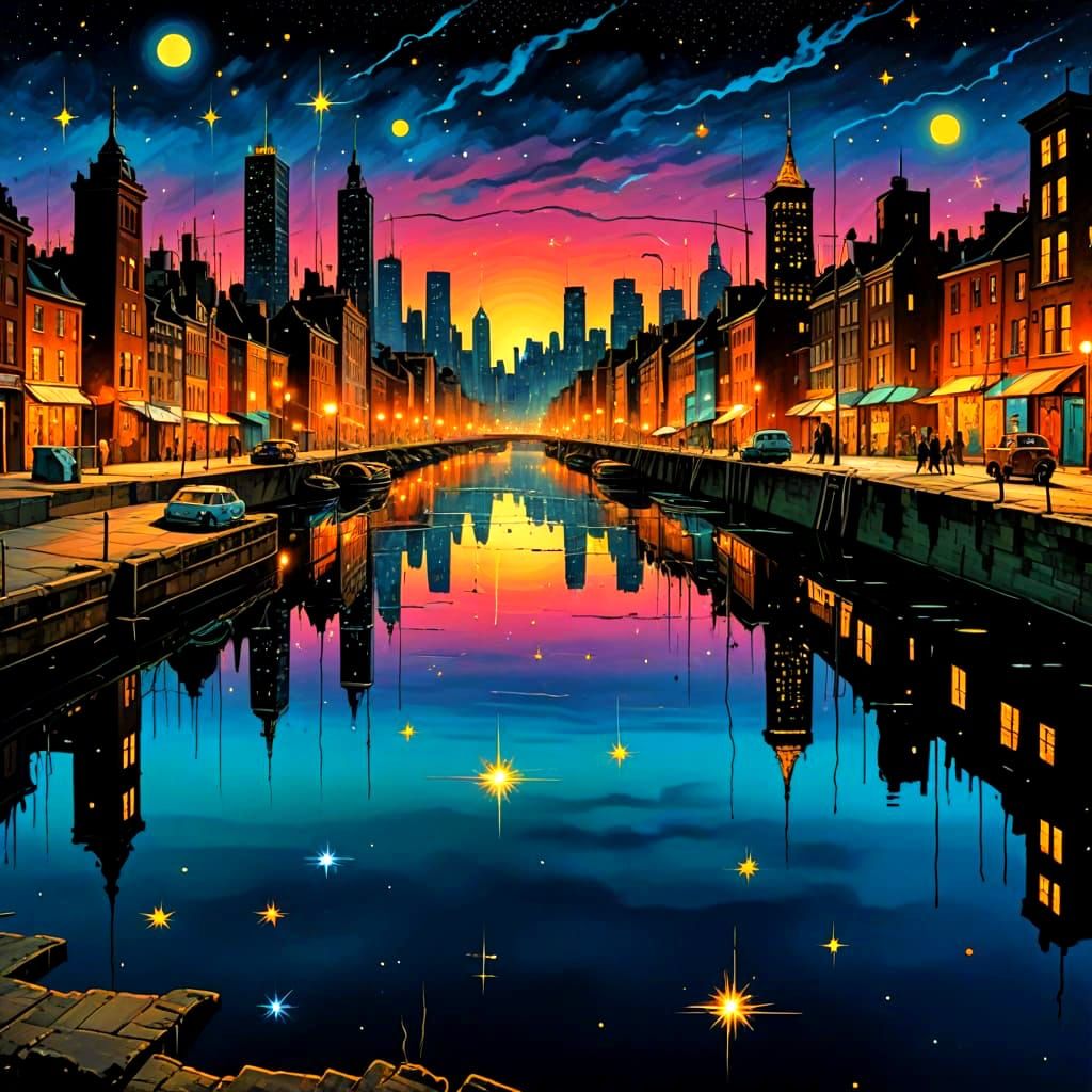 City Under Starry Skies in Vibrant Graffiti Art