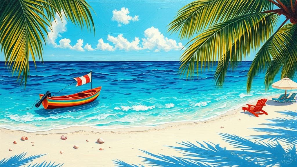 Turquoise Sea with Vibrant Huts and Palm Fronds in Neo-Impre...