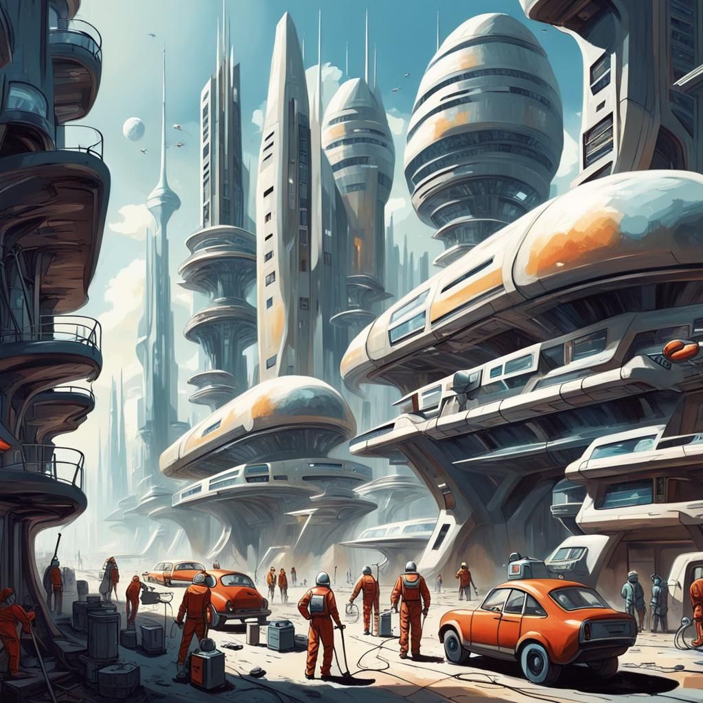 idealized city in the future, people working for a brighter, optimistic future leaving behind cynical, negative outlook ...