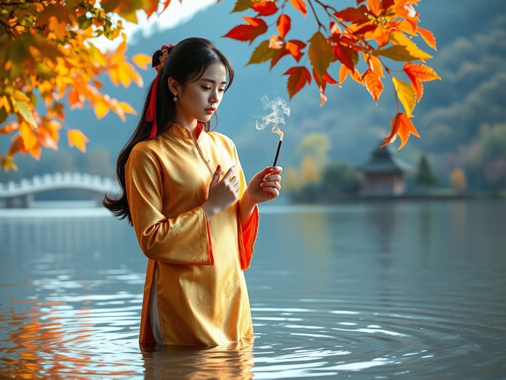 Young Vietnamese Woman in Traditional Ao Dai Prays by Tranqu...