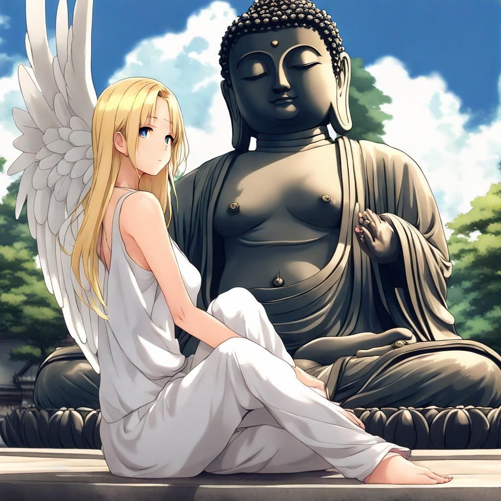 Blonde Angel Meditates Before Buddha: Anime Style