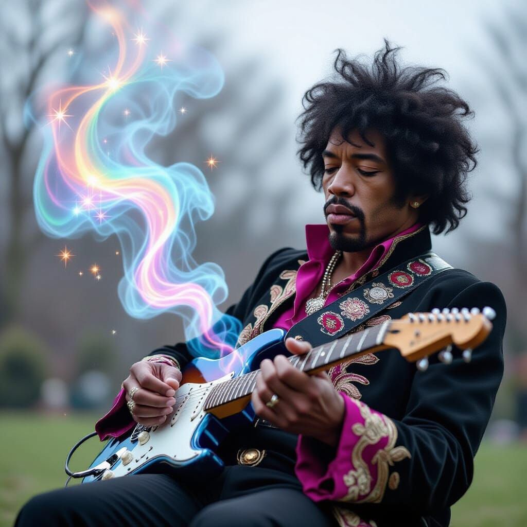 Jimi Hendrix Plays Guitar Outdoors in Cosmic Nebula Mist