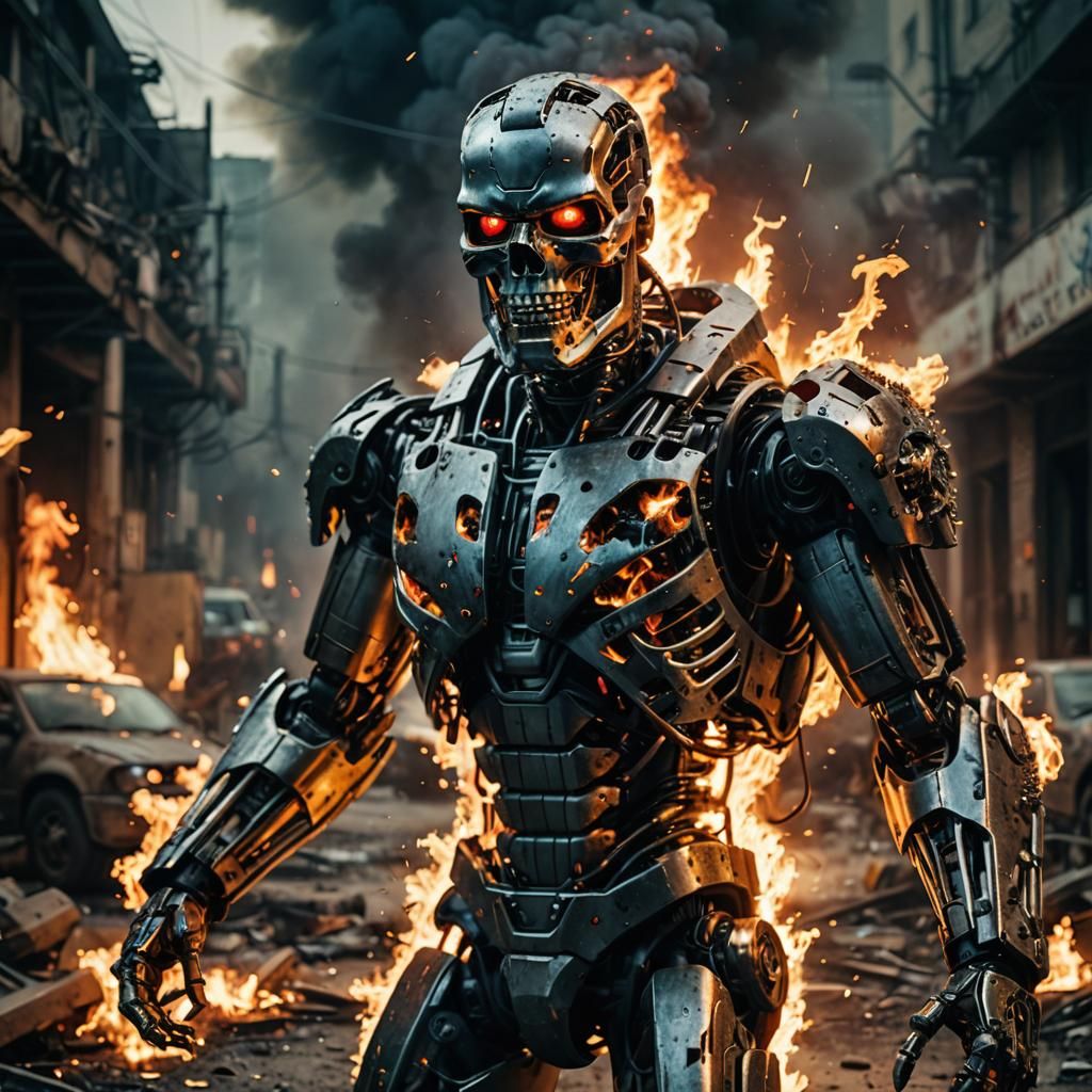 Terminator in Flames: Cinematic Film Still
