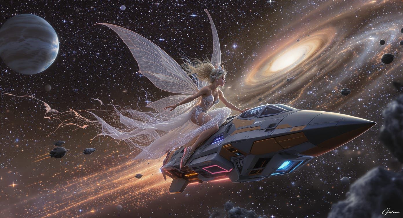 Surreal Fairy on Rocket Skates in Galactic Landscape