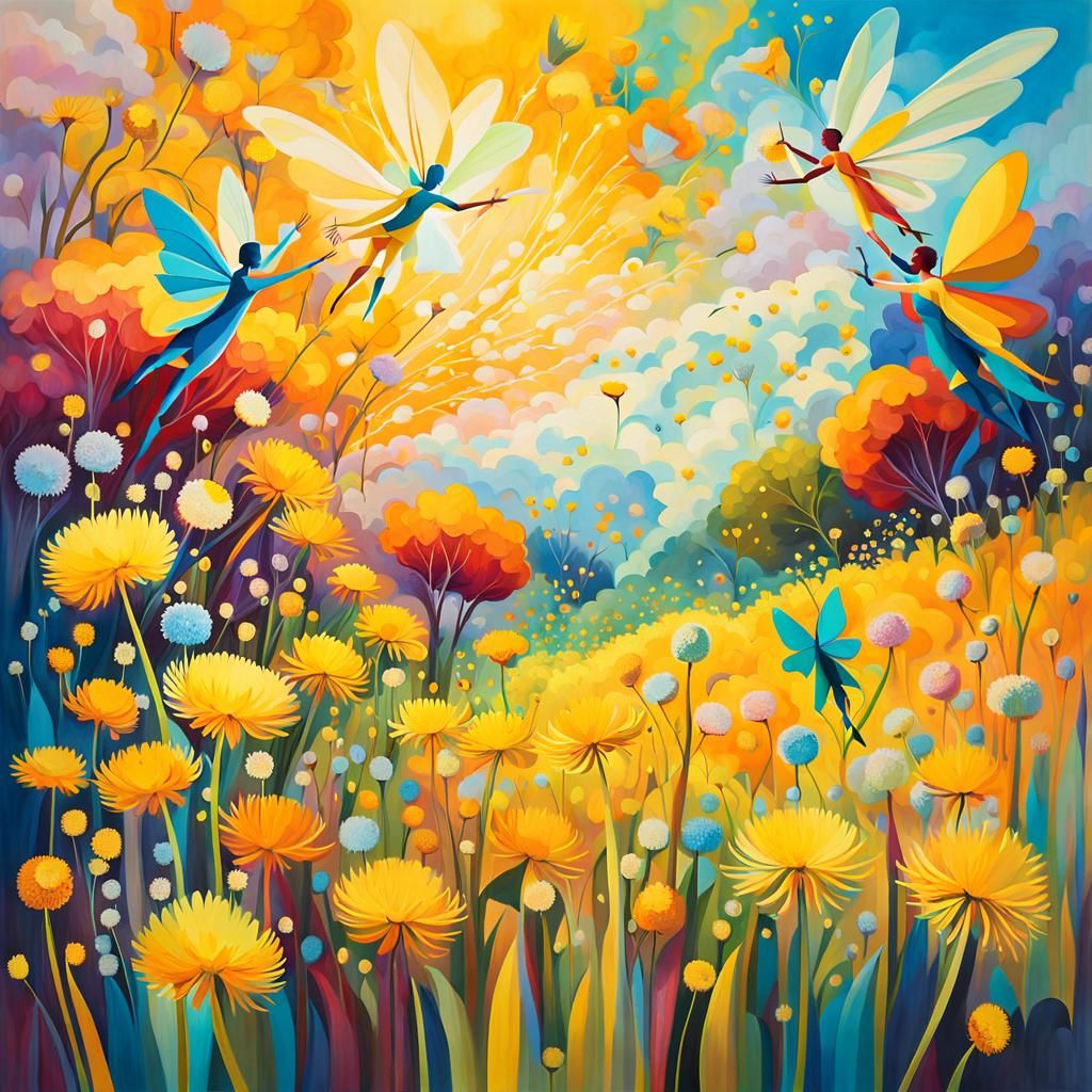 Fauvist Fairies Making Wishes in Dandelion Dreamscape