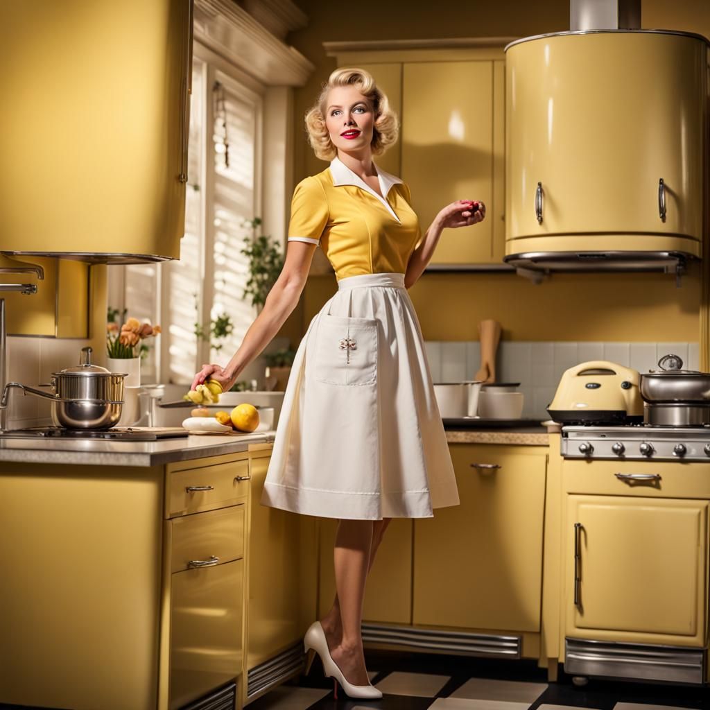 Beautiful 1950s Housewife in Kitchen, Professional Photograp...
