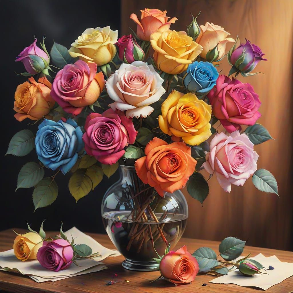 Hyperdetailed Charcoal Drawing of Multicolored Roses
