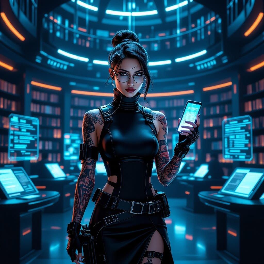 Cyberpunk Scholar in Futuristic Library