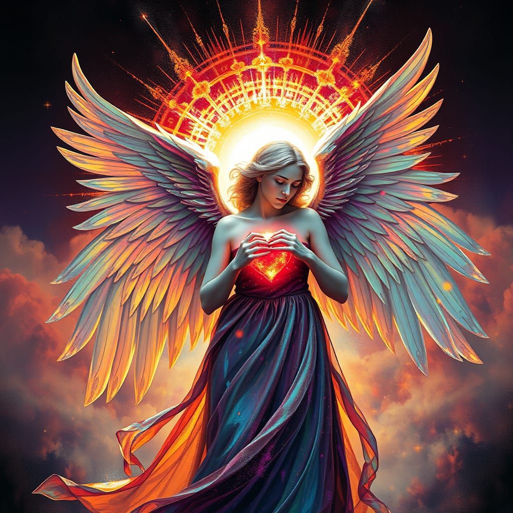 Angelic Figure with Blazing Heart in Iridescent Sun