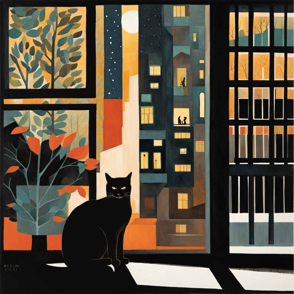 Night Cat in Cityscape Art Style