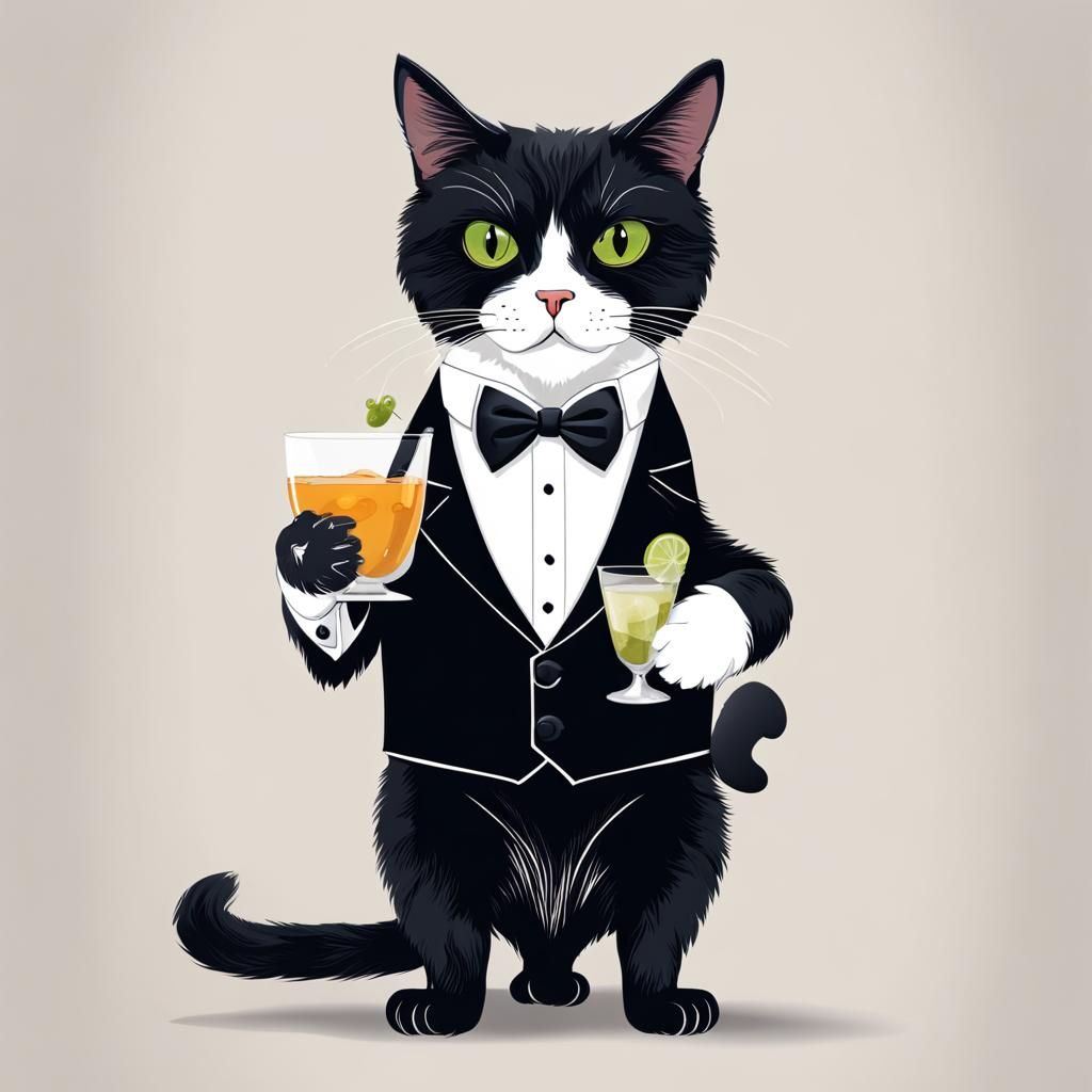 Cat in Tuxedo with Cocktail