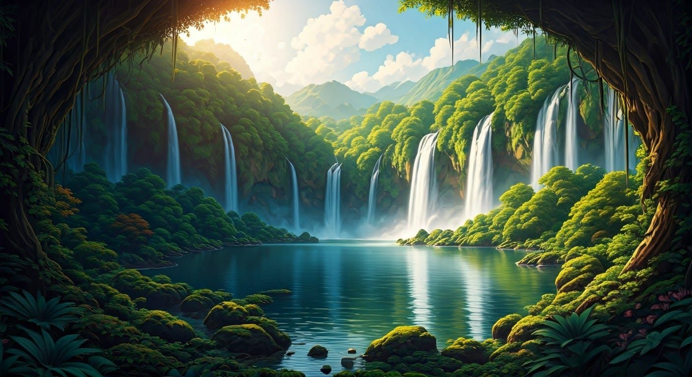 Mystical Valley: Waterfalls in a Jungle Landscape