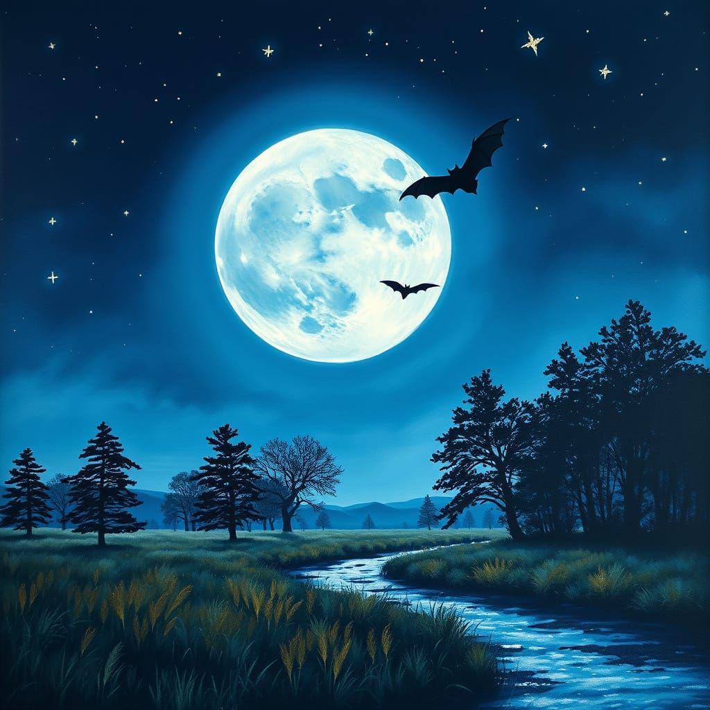 Moonlit Night with Soaring Bats in Impressionist Gouache Sty...