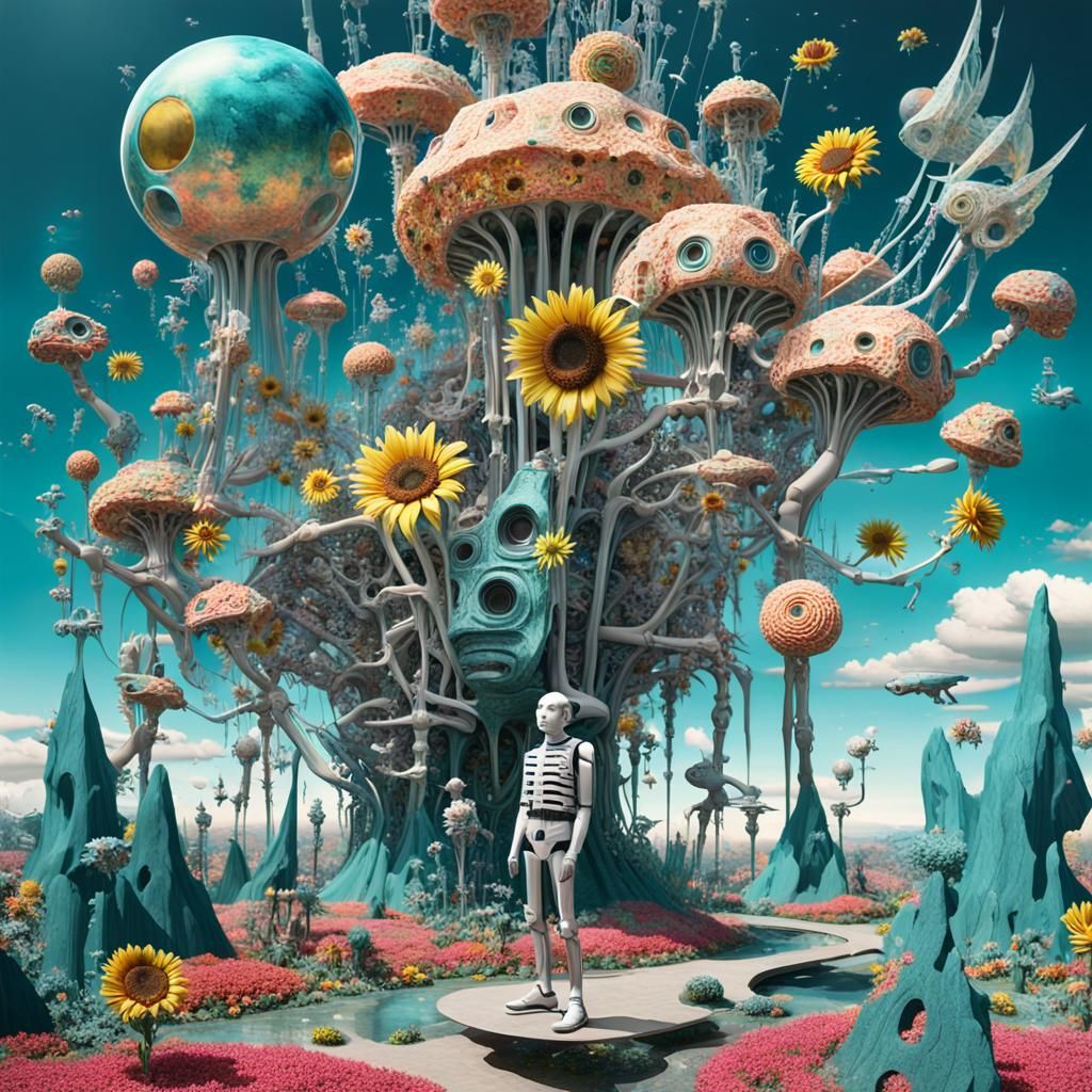 Surreal Android Dreamscape in Mixed-Media Style