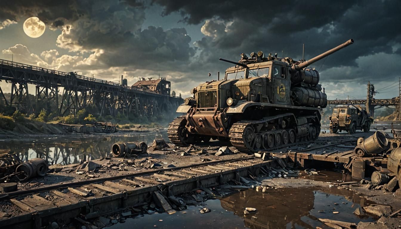 Dieselpunk Artillery Gun in Ruined Wasteland