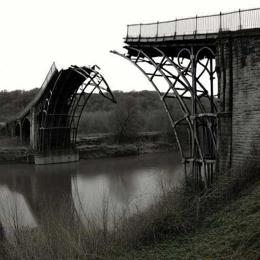Post-apocalyptic wrecked distressed fragmented bridge collap...