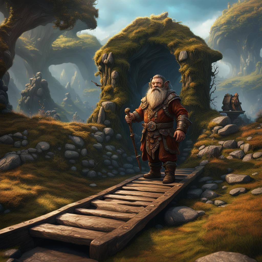 Dwarf Druid on a Nature Treadmill in Matte Painting Style