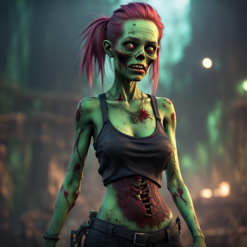 Cute Green-Haired Zombie Girl, Detailed Matte Painting