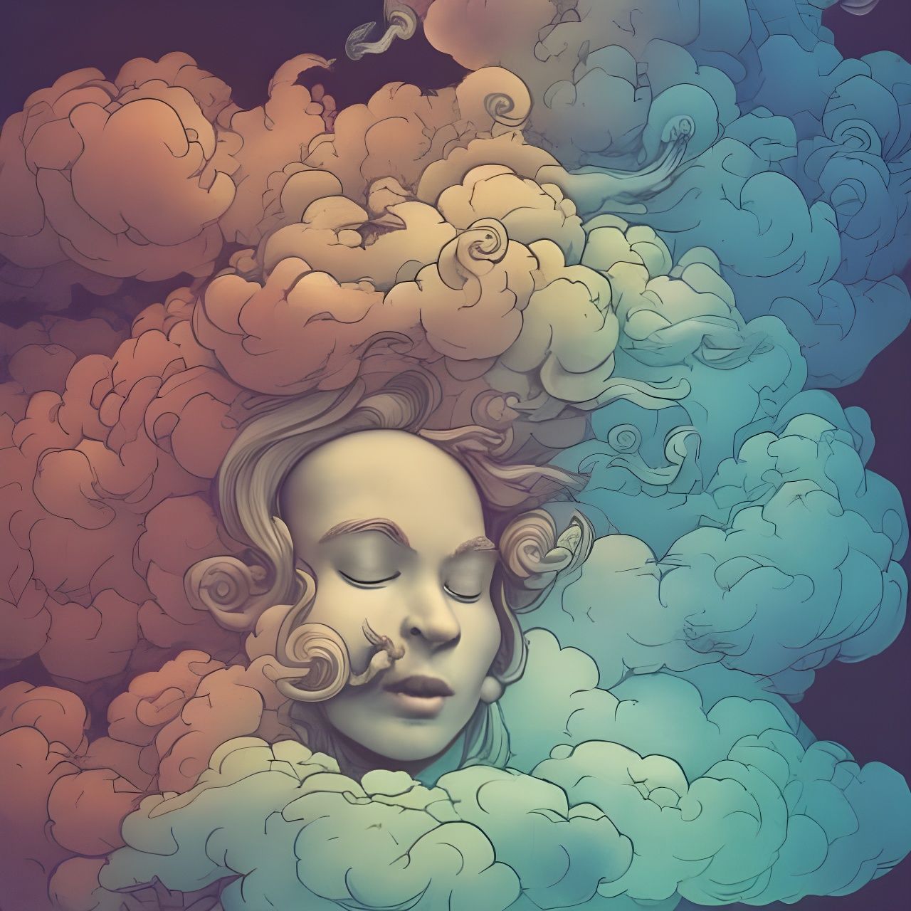 Colorful Face in Cloud, Doctor Seuss and Escher Style