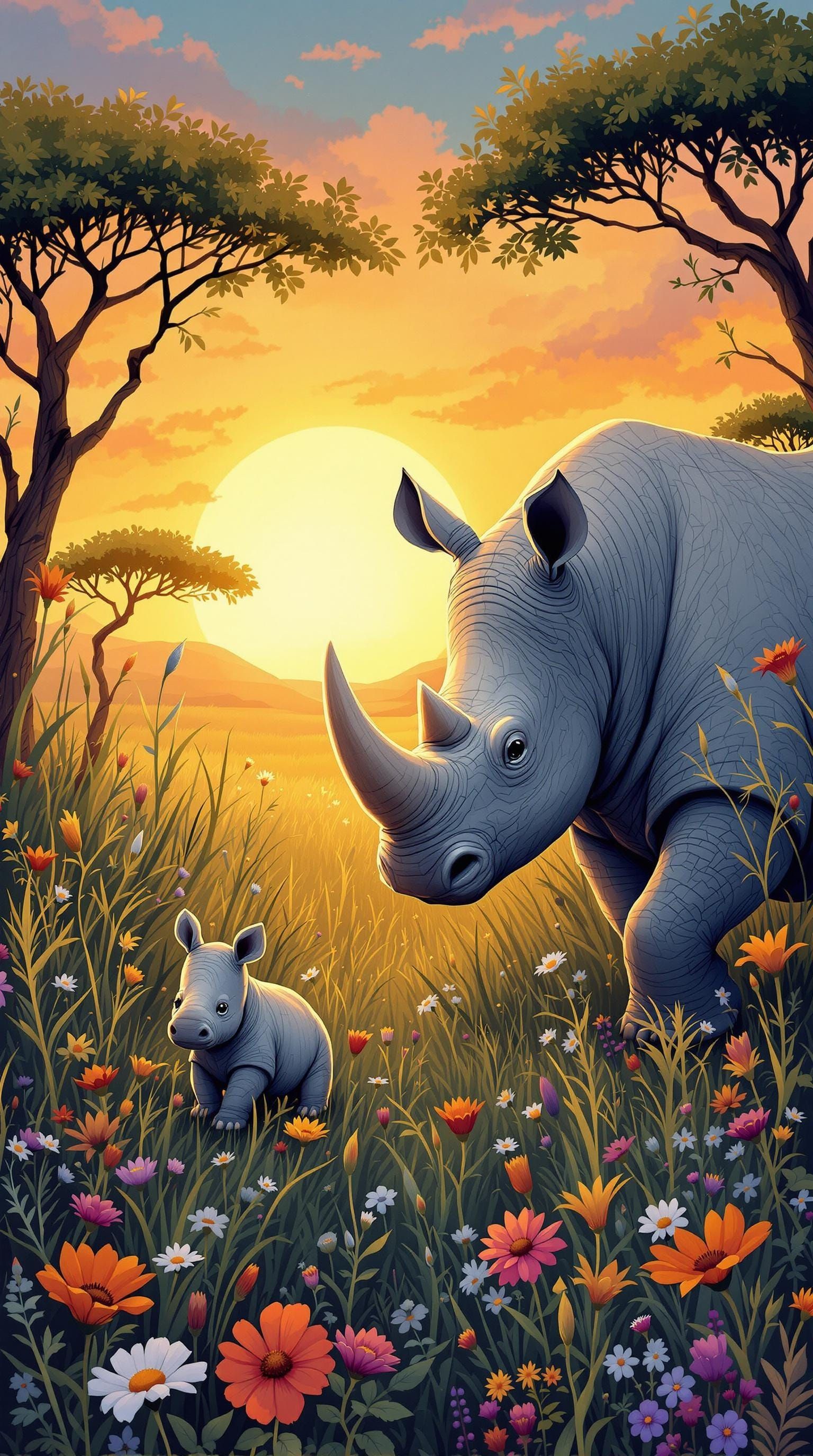 Whimsical Savannah Scene with Rhino and Baby
