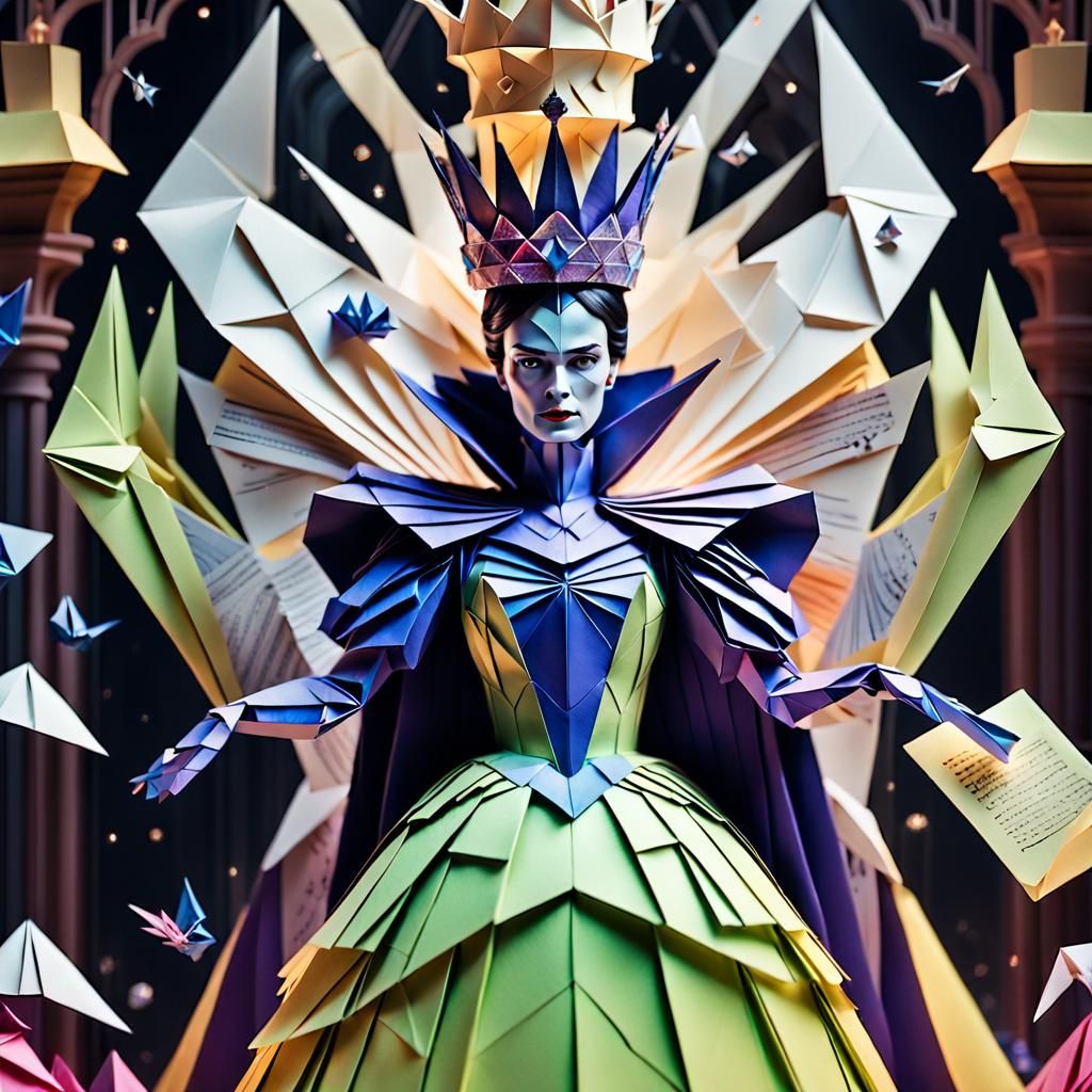 Origami Queen Controls Kingdom in Surreal Digital Art