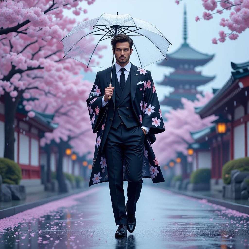 Man in Kimono Walks Runway, Hyperrealistic Digital Art