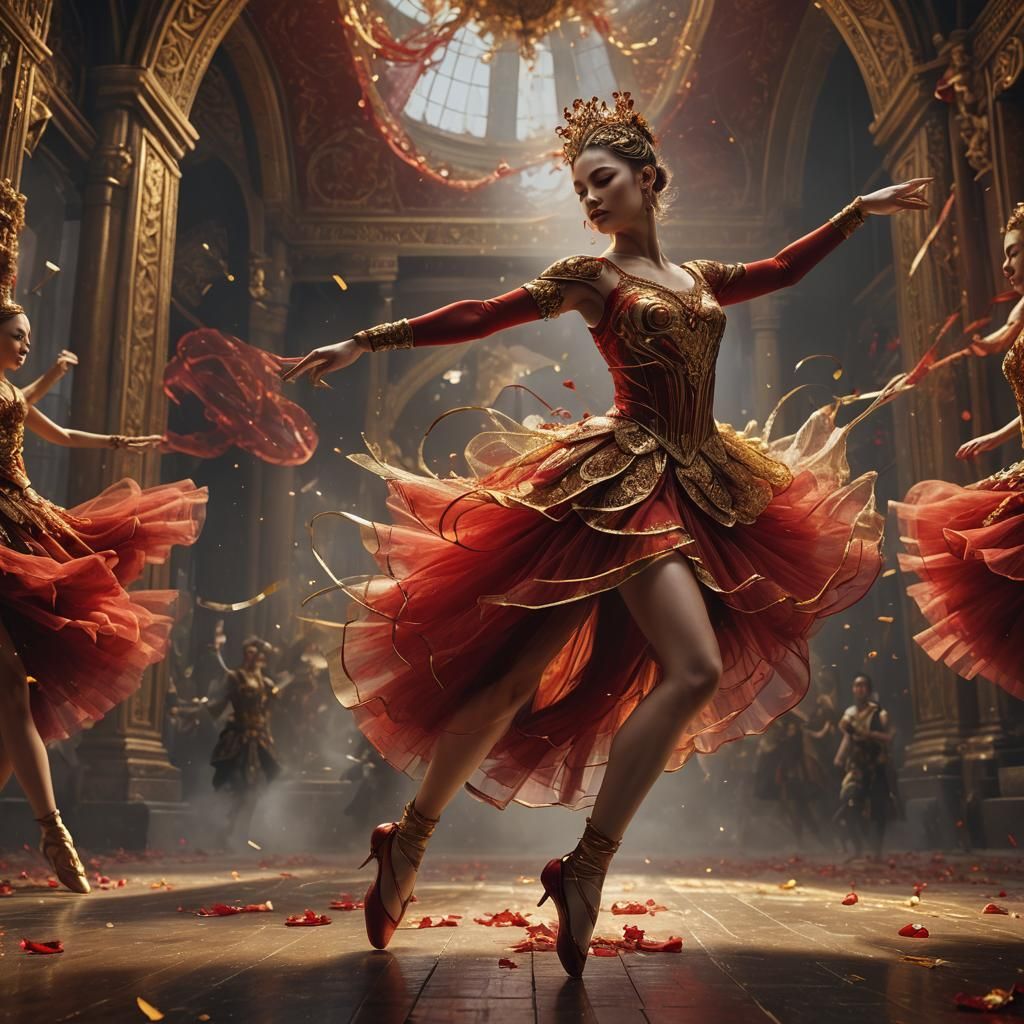 Red and Gold Tulle Dancer: Fantasy Concept Art
