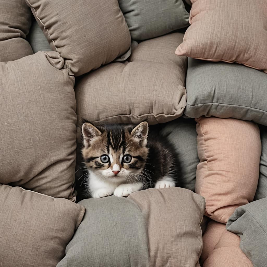 Cute Kitten Among Colorful Cushions