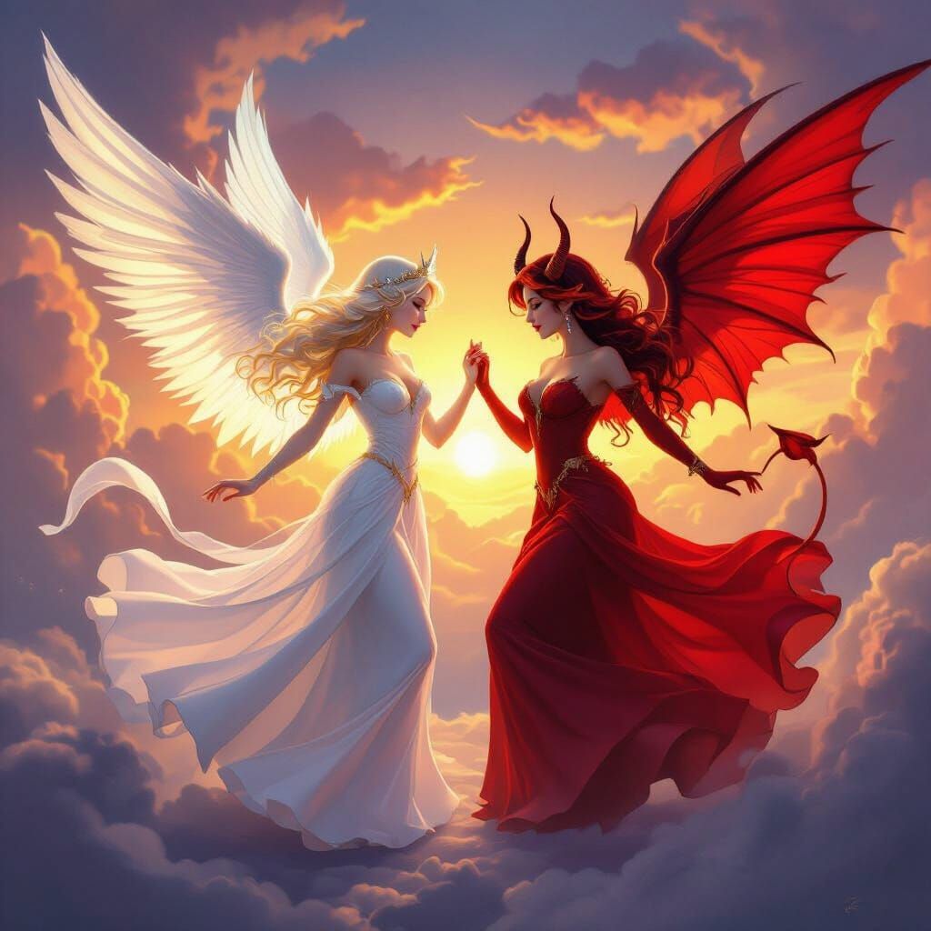 Angel and Devil Princesses Dance in Sunset Fantasy Art