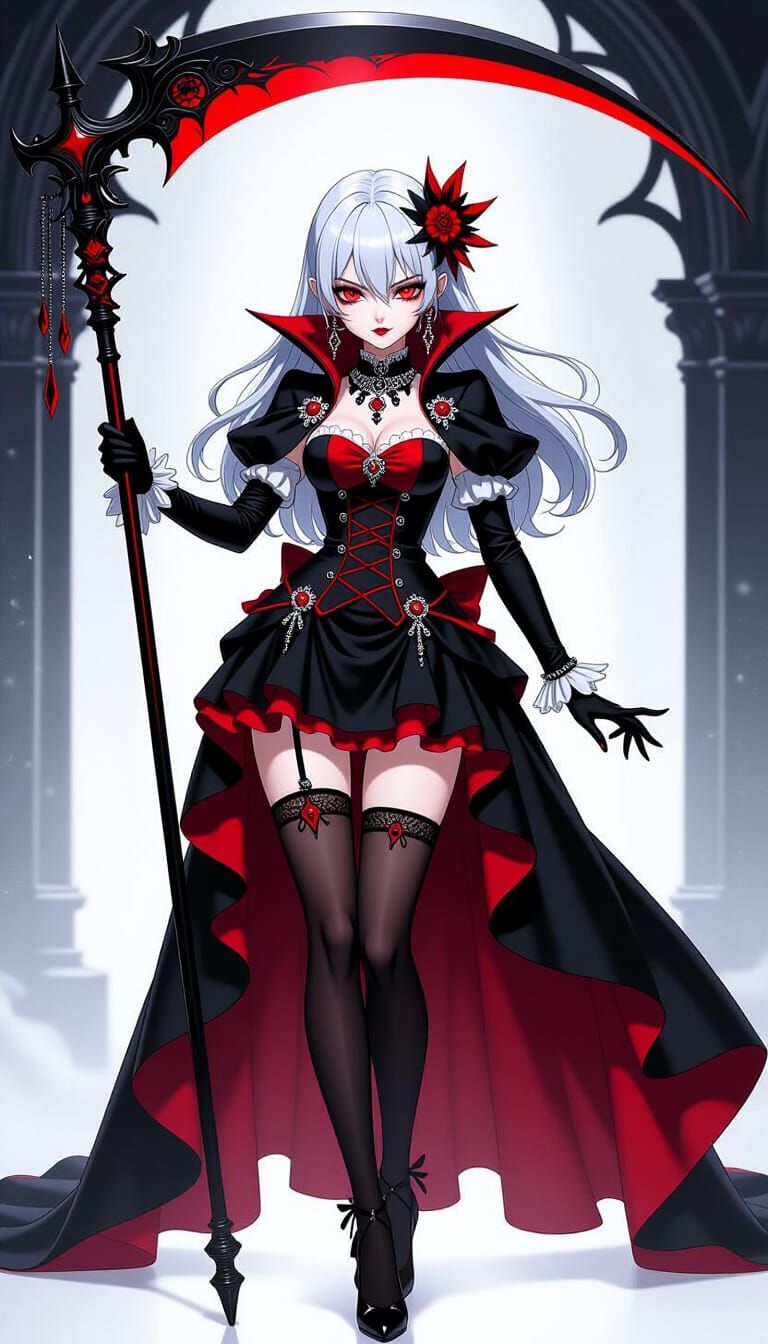 Anime Vampire Wielding Scythe in Gothic Royal Dress