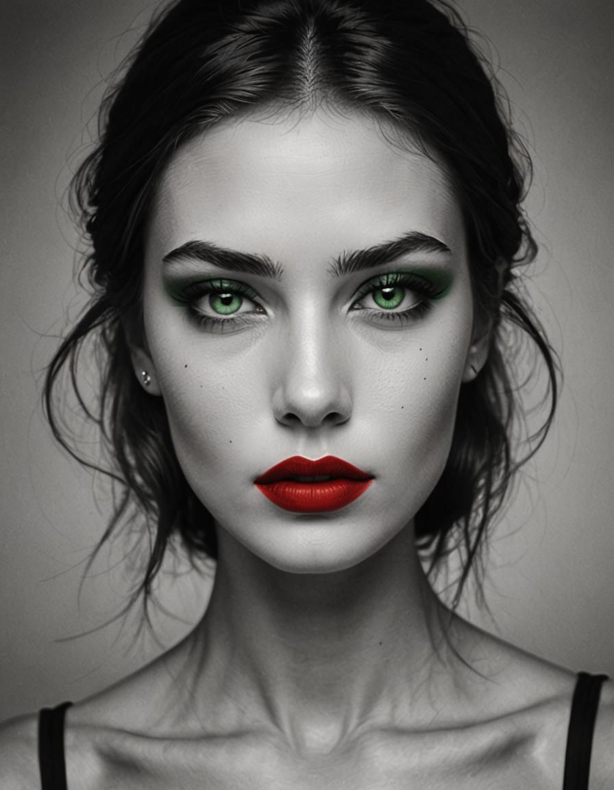 Monochrome Portrait with Red Lips and Green Eyes