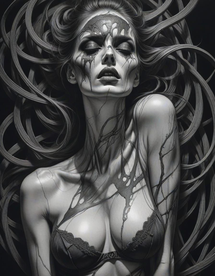 Nightmarish Sensuality in Charcoal Drawing Style