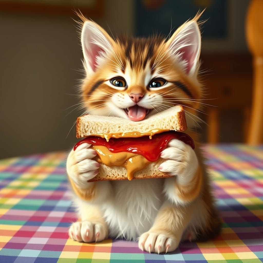 Joyful Kitten Enjoys Whimsical PB&J Treat