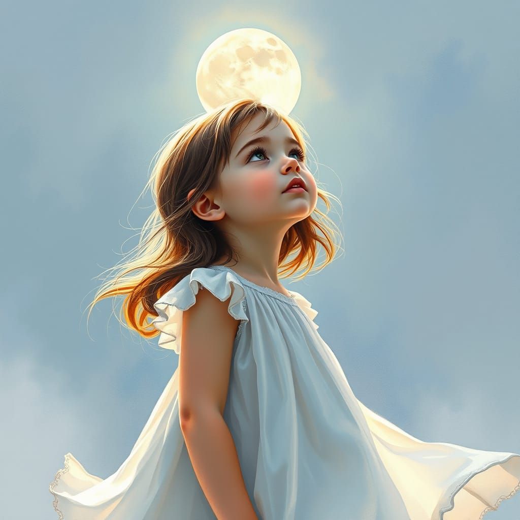Dreamy Girl Gazing at Moon, Watercolor Portrait