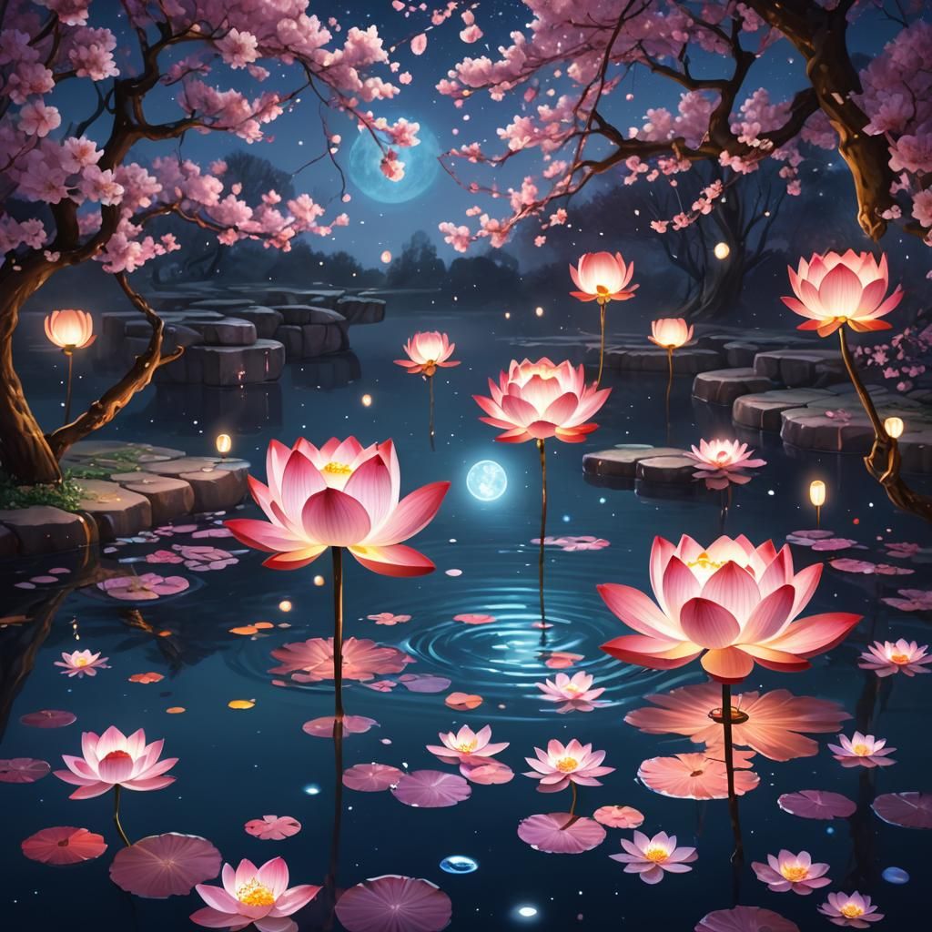 Lotus Lanterns on Crystal Pool: Fantasy Concept Art