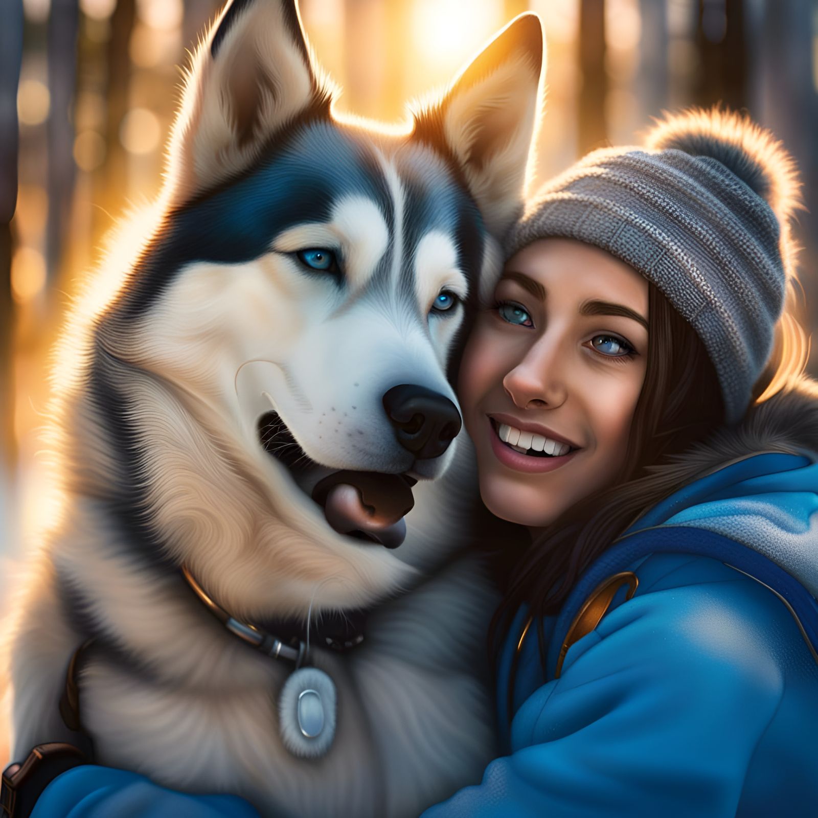 Husky and Musher Embrace in Enchanted Taiga Forest