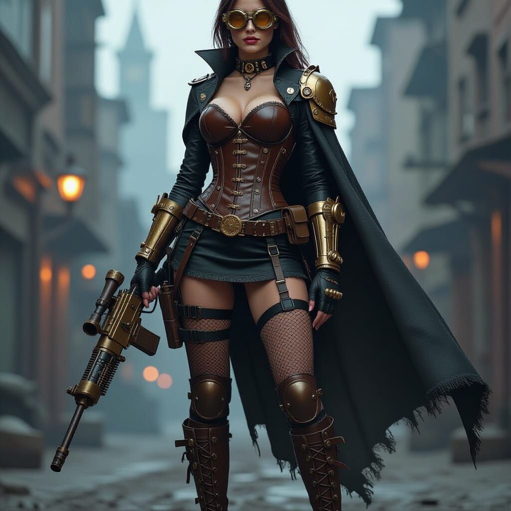 Steampunk Woman with Mechanical Arm in Industrial Cityscape
