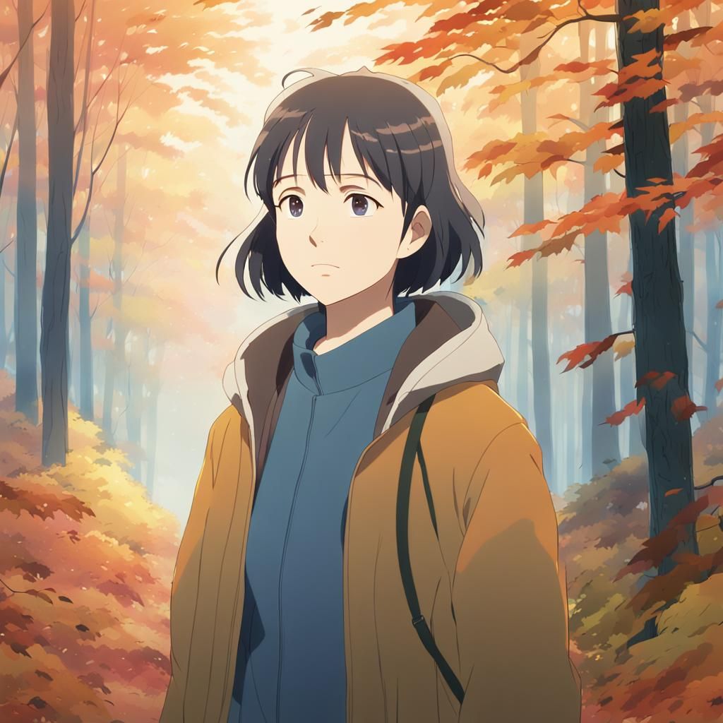 Anime Woman in Autumn Forest, Shinkai Style