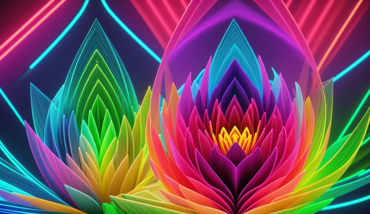 Neon Lotus Flower Made of Triangles