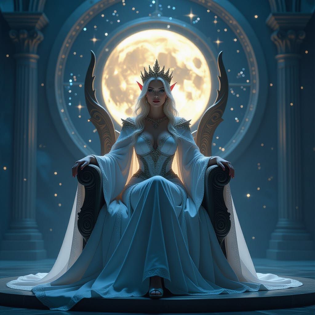 Elf Queen on Moonstone Throne in Celestial Chamber